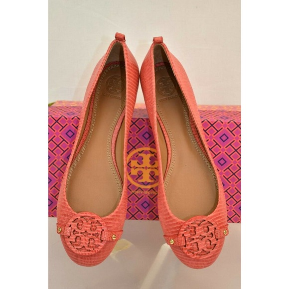 NIB TORY BURCH ORANGE MINI MILLER LIZARD PRINT LEATHER BIG REVA FLATS 8 BRAZIL - Picture 2 of 12